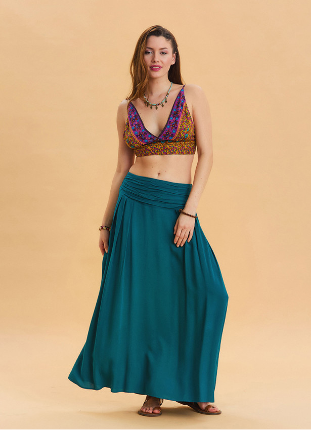 Elastic Waist Drape Detailed Petrol Long Skirt 4491